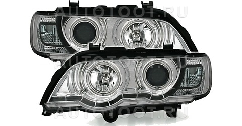Фара левая+правая (комплект, тюнинг, со светящимися ободками, линзованная, внутри хром) -   для BMW X5