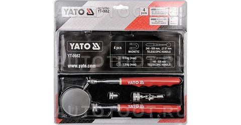 Набор для осмотра узлов и агрегатов 4 пр: зеркало - 250-930 мм, диаметр - 57 мм, магнит - до 0.5 кг, до 1.5 кг - 160-620 мм, - YT0662 YATO для 