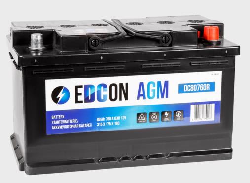 Аккумулятор EDCON AGM 80Ah 760A обратная полярность(-+)
