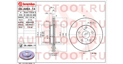 Диск тормозной перед TOYOTA Auris/Corolla SED, ZZE150/ZRE151 (EU), NZE15#/ZRE15# (JP), 06- 09a86414 brembo – купить в Омске. Цены, характеристики, фото в интернет-магазине autotoot.ru