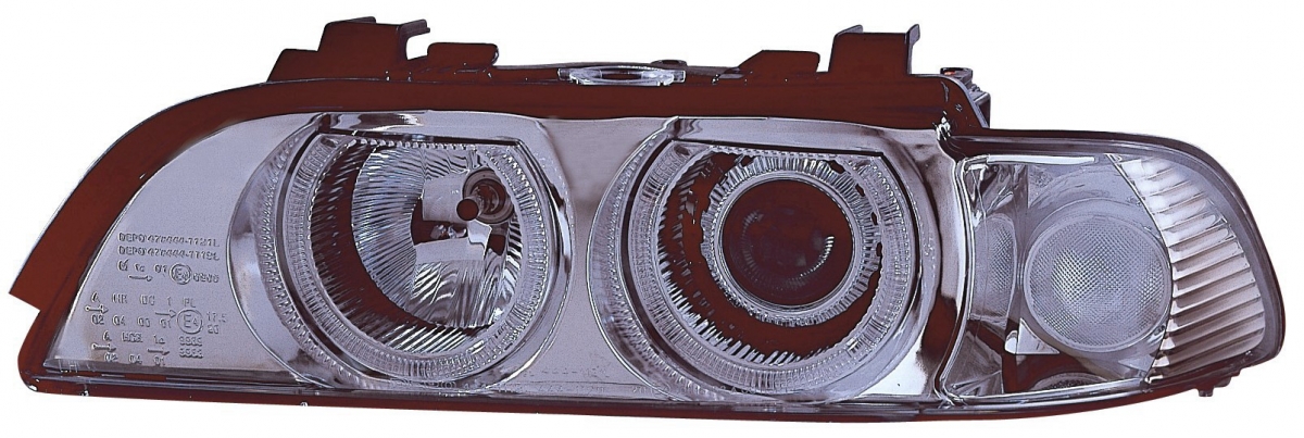 Фара левая (тюнинг, со светящимися ободками, указатель поворота белый, с электрокорректором, внутри хром)